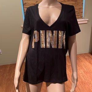Pink Victoria's Secret Black T-shirt With Silver And Gold Sequins Size L